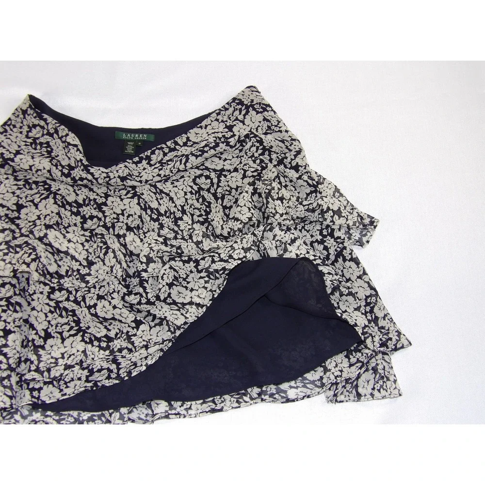 Lauren Ralph Lauren Skirt Women 12 Navy Blue Silk Floral Tiered Ruffle Mini